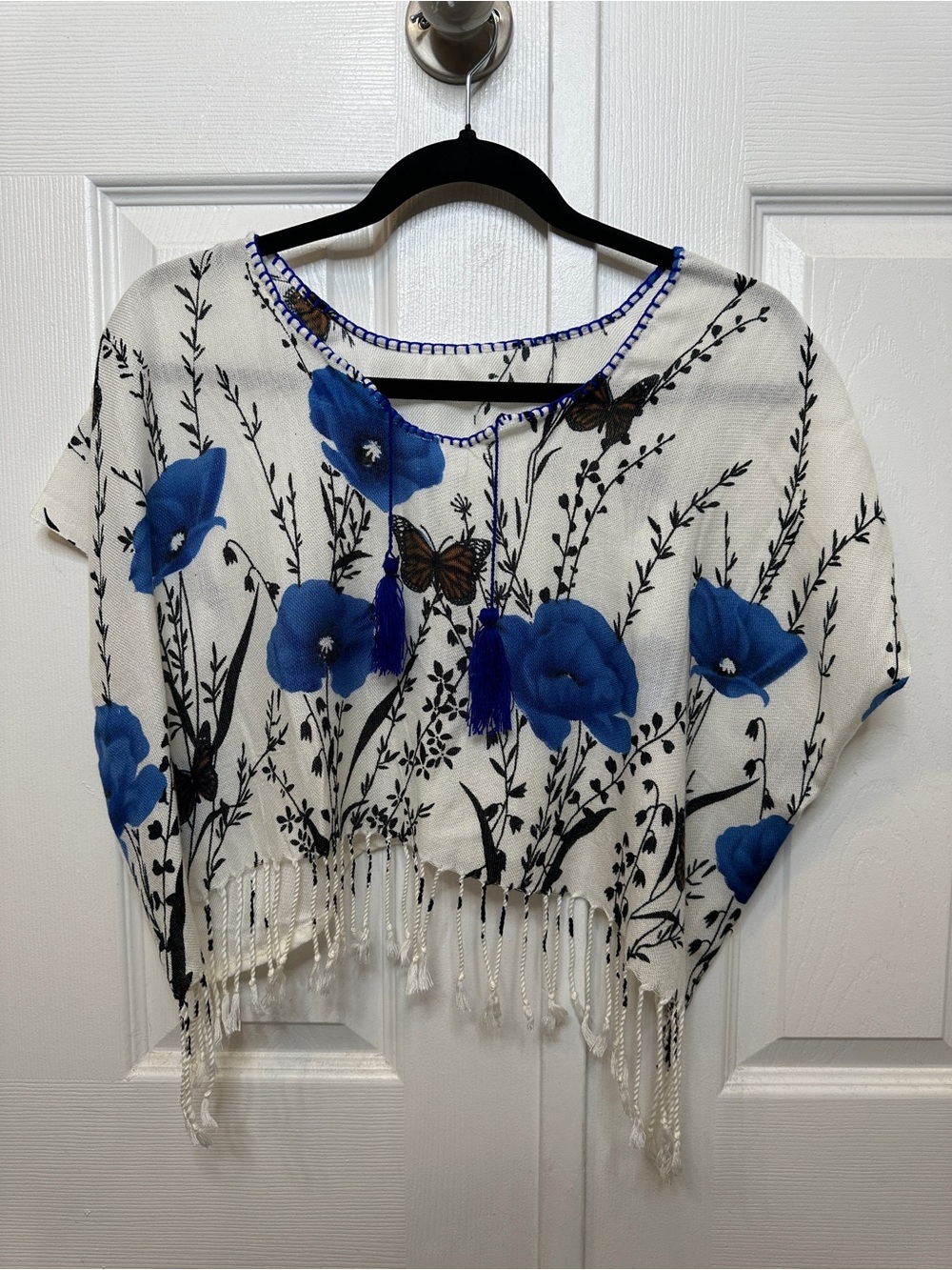 Blue Floral Butterfly Fringe Poncho Shawl Cover Up Boho Kimono